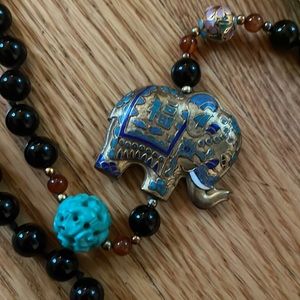 Vintage cloisonné Hand knotted black glass 16” Chinese elephant necklace